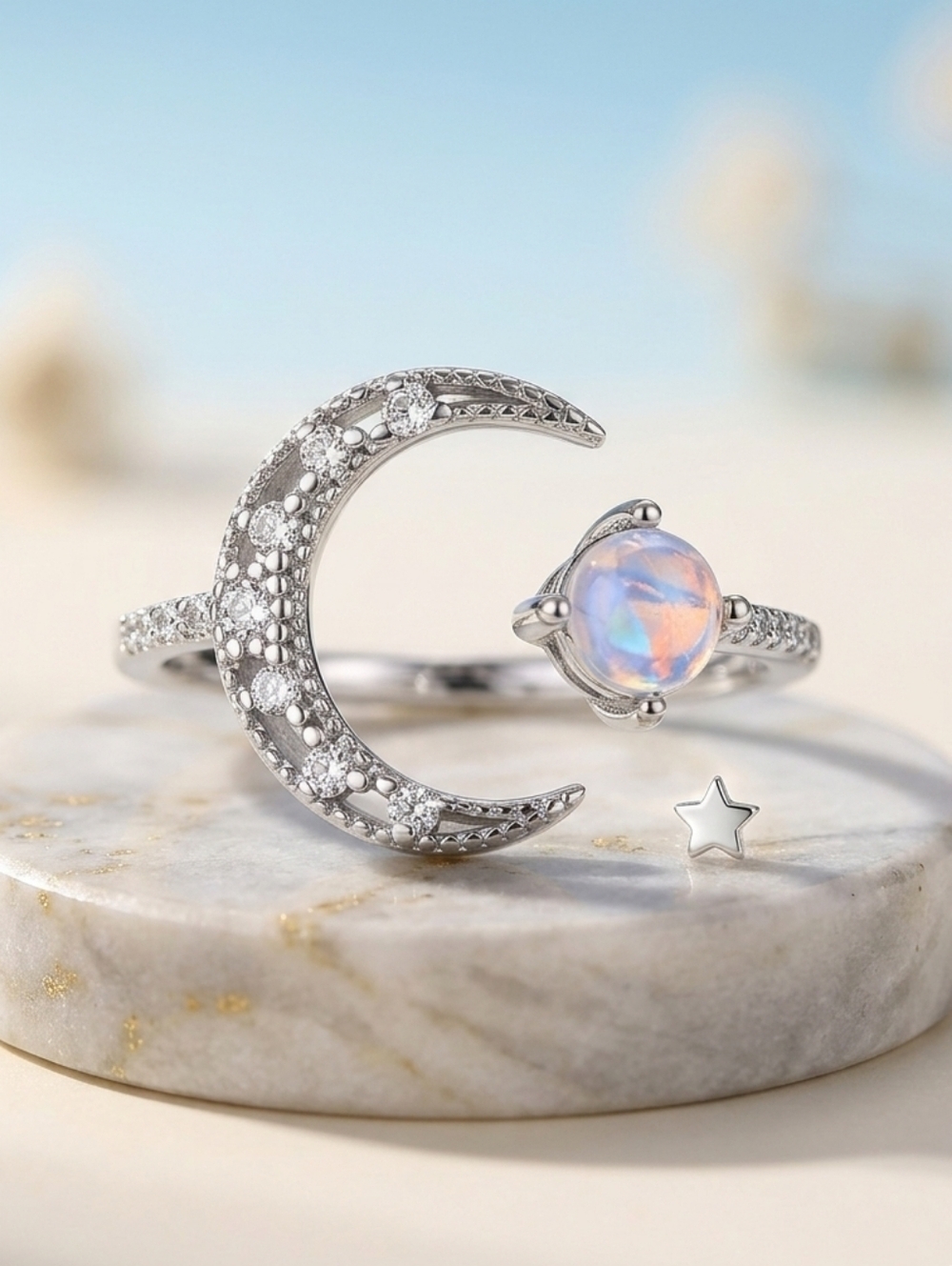 Iridescent Crystal CZ 925 Sterling Silver Crescent Moon Open Ring Whimsigoth